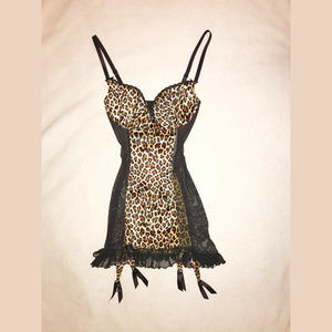 Leopard print satin stretch Teddy with garters